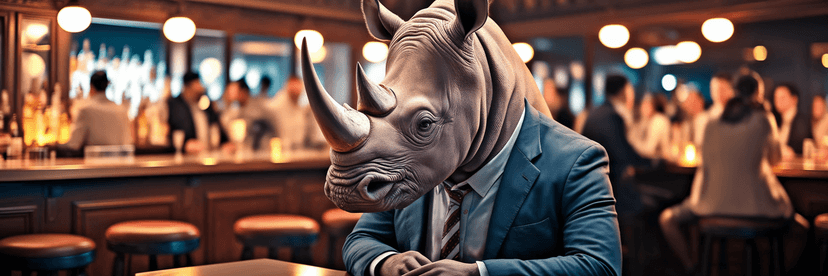 Generate a photo of a rhino with a suit