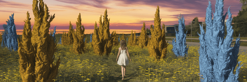 Create a photo of a girl walking through a field