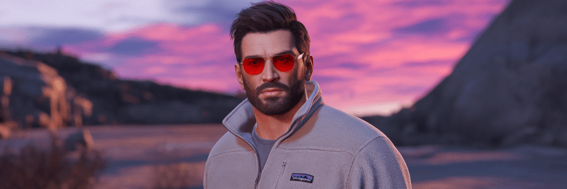 Generate a portrait of a bearded man with dark hair wearing red sunglasses